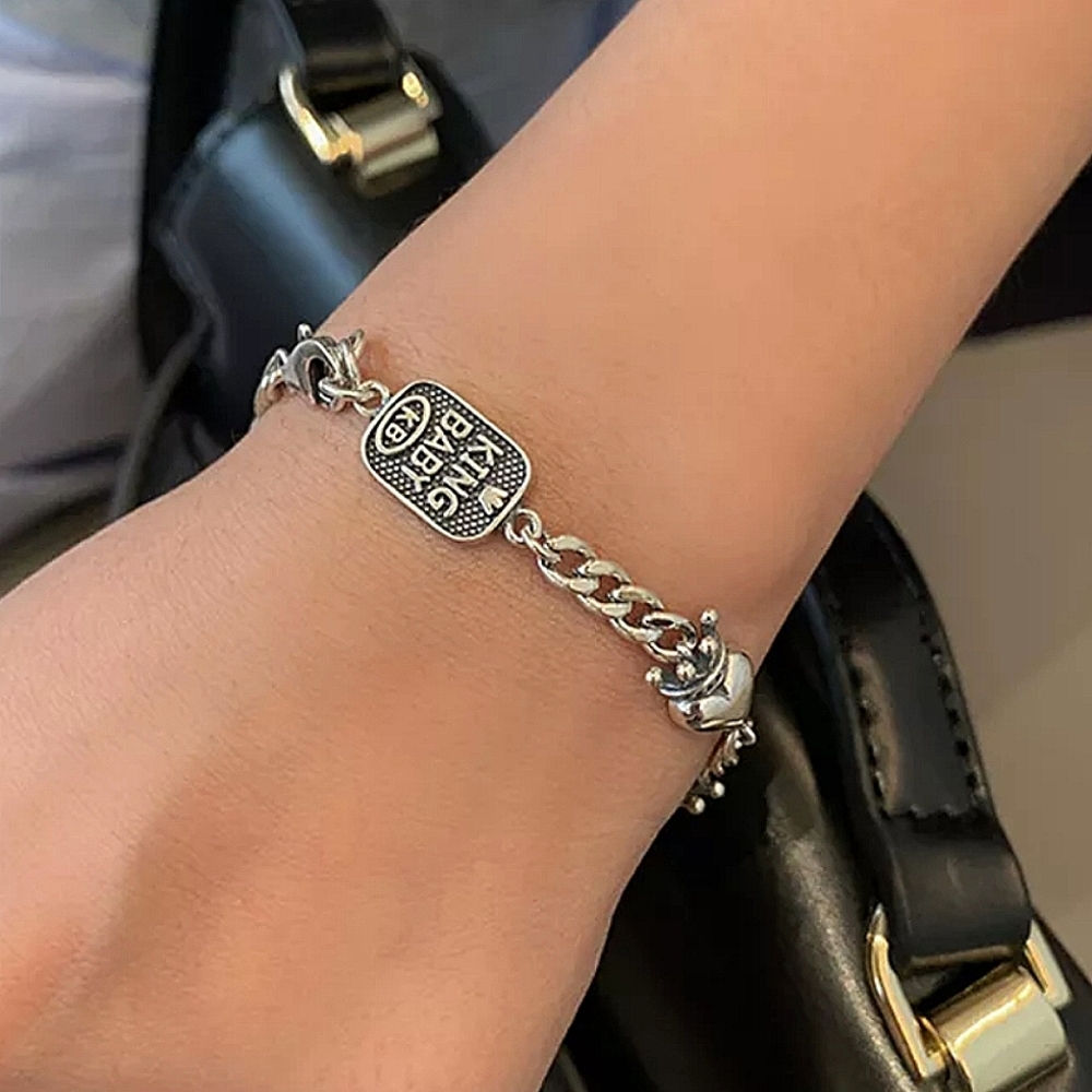 Crown Heart Sterling Silver Chain Link Bracelet Unisex - Picture 8 of 9